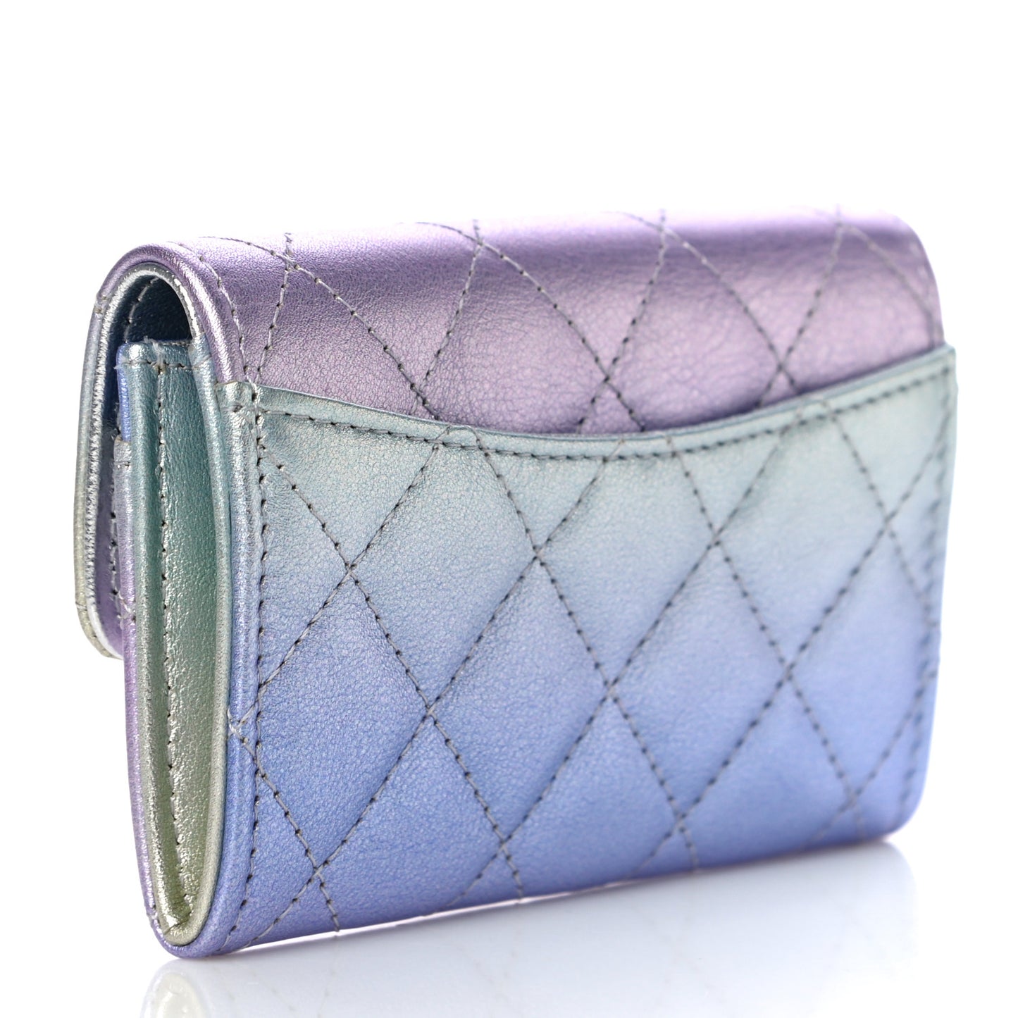 Gradient Metallic Calfskin Quilted Flap Card Holder Wallet Silver Blue Yellow Purple