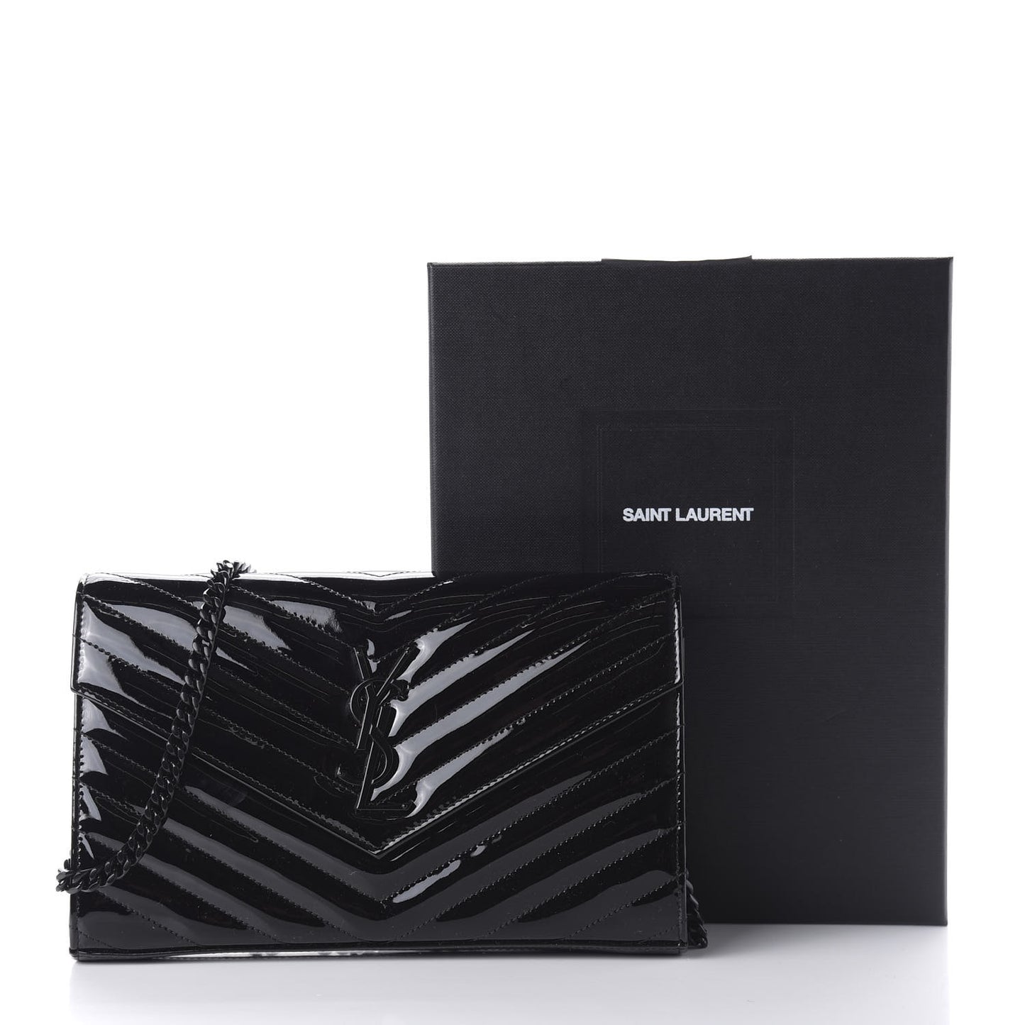 Patent Matelasse Chevron Monogram Chain Wallet Black