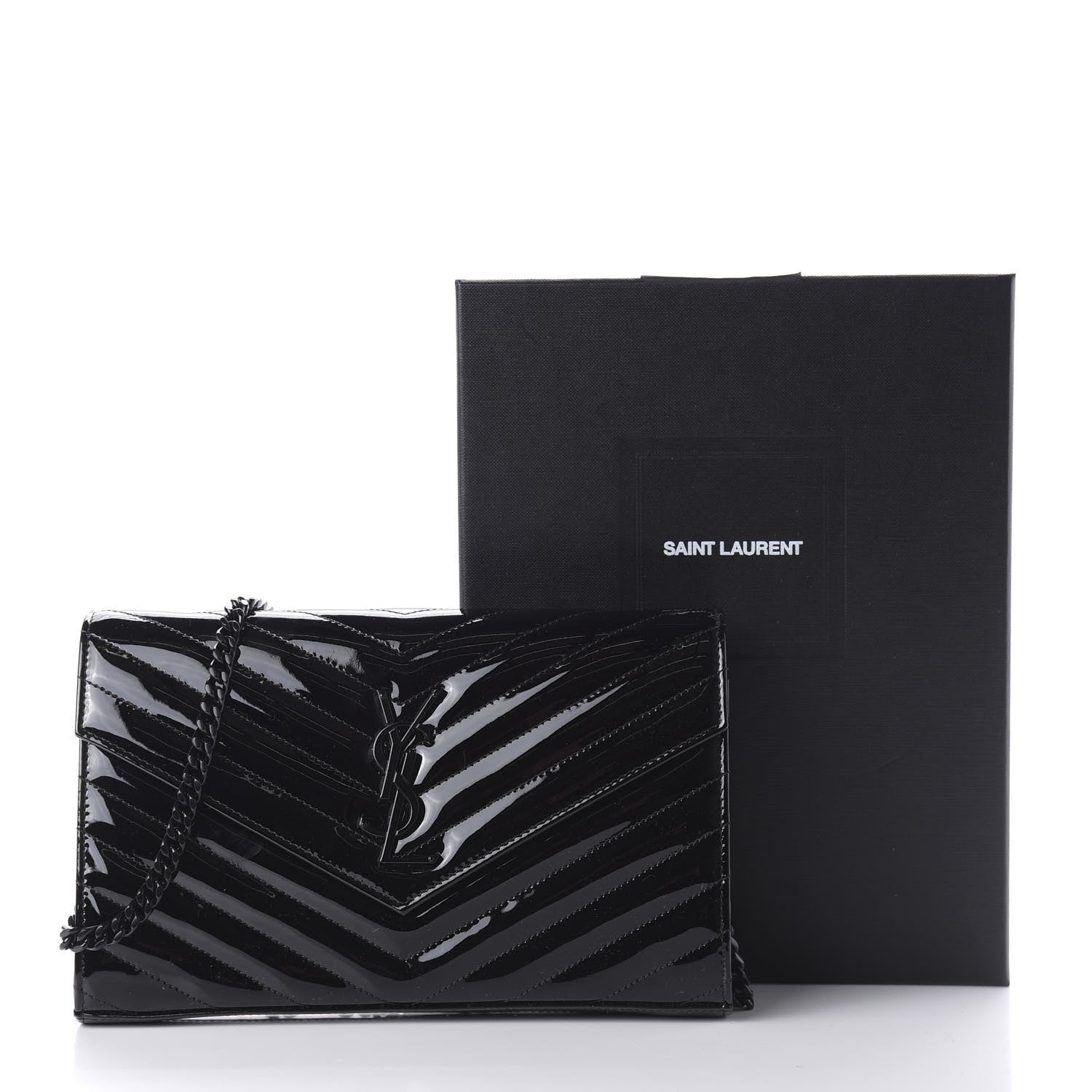 Saint Laurent Patent Matelasse Chevron Monogram Chain Wallet Black 10 of 10
