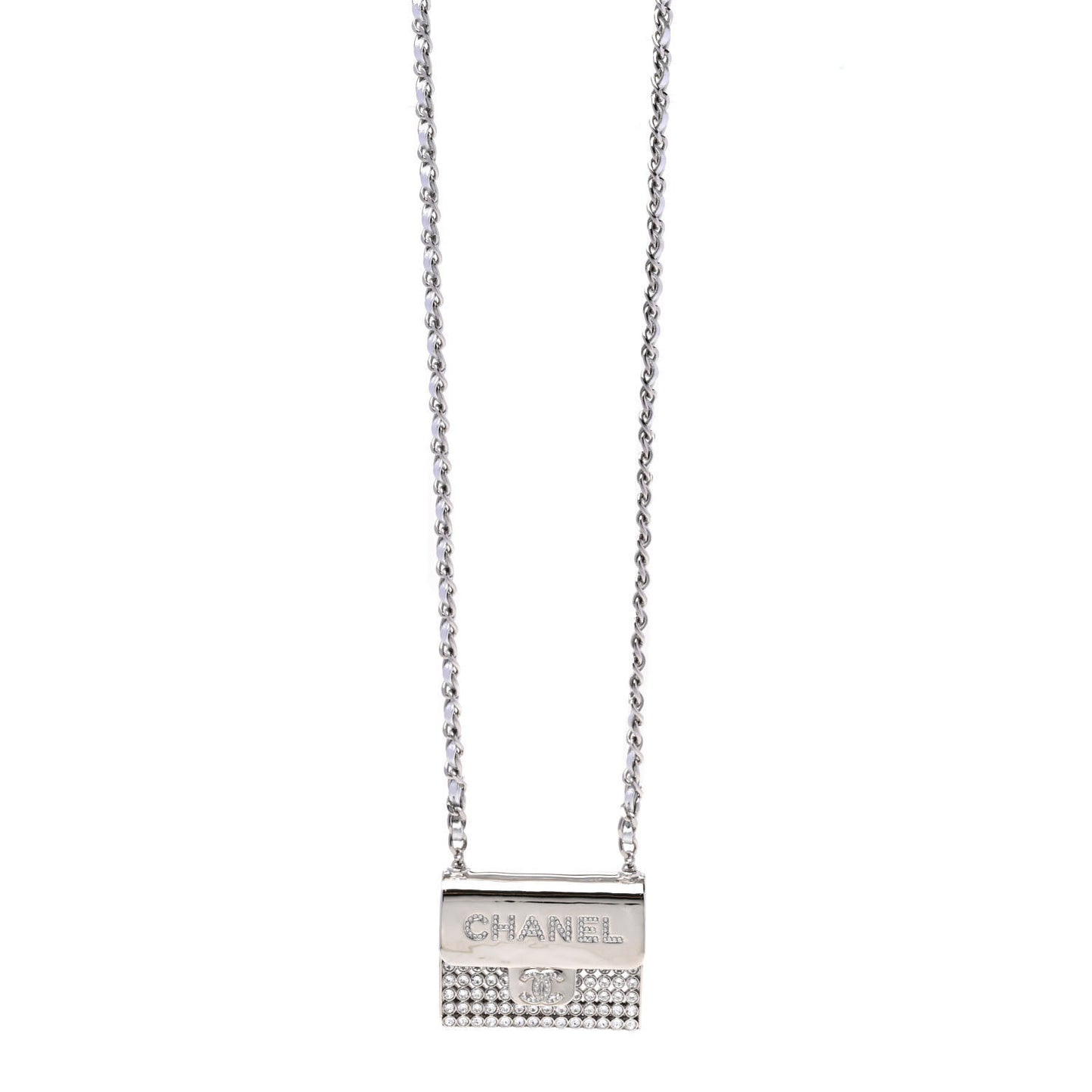 Metal Lambskin Strass Crystal Purse CC Long Necklace Silver