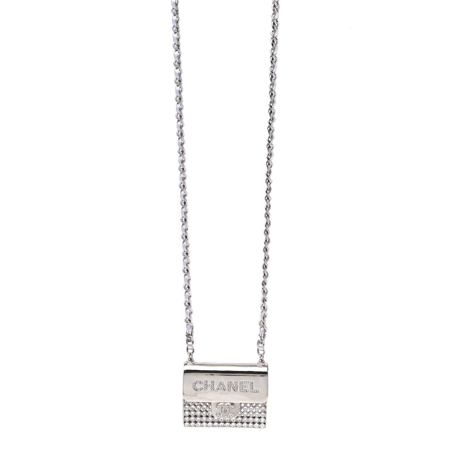 Chanel Metal Lambskin Strass Crystal Purse CC Long Necklace Silver 1 of 6