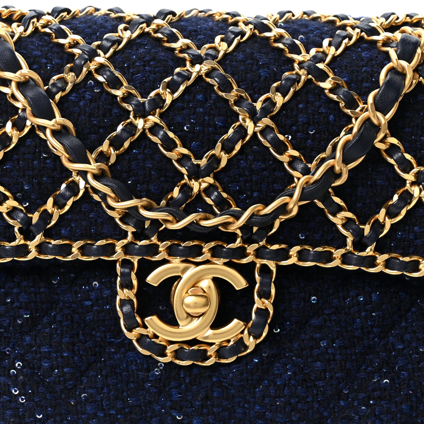 Tweed Sequin Timeless Classic Chained Double Flap Navy Blue