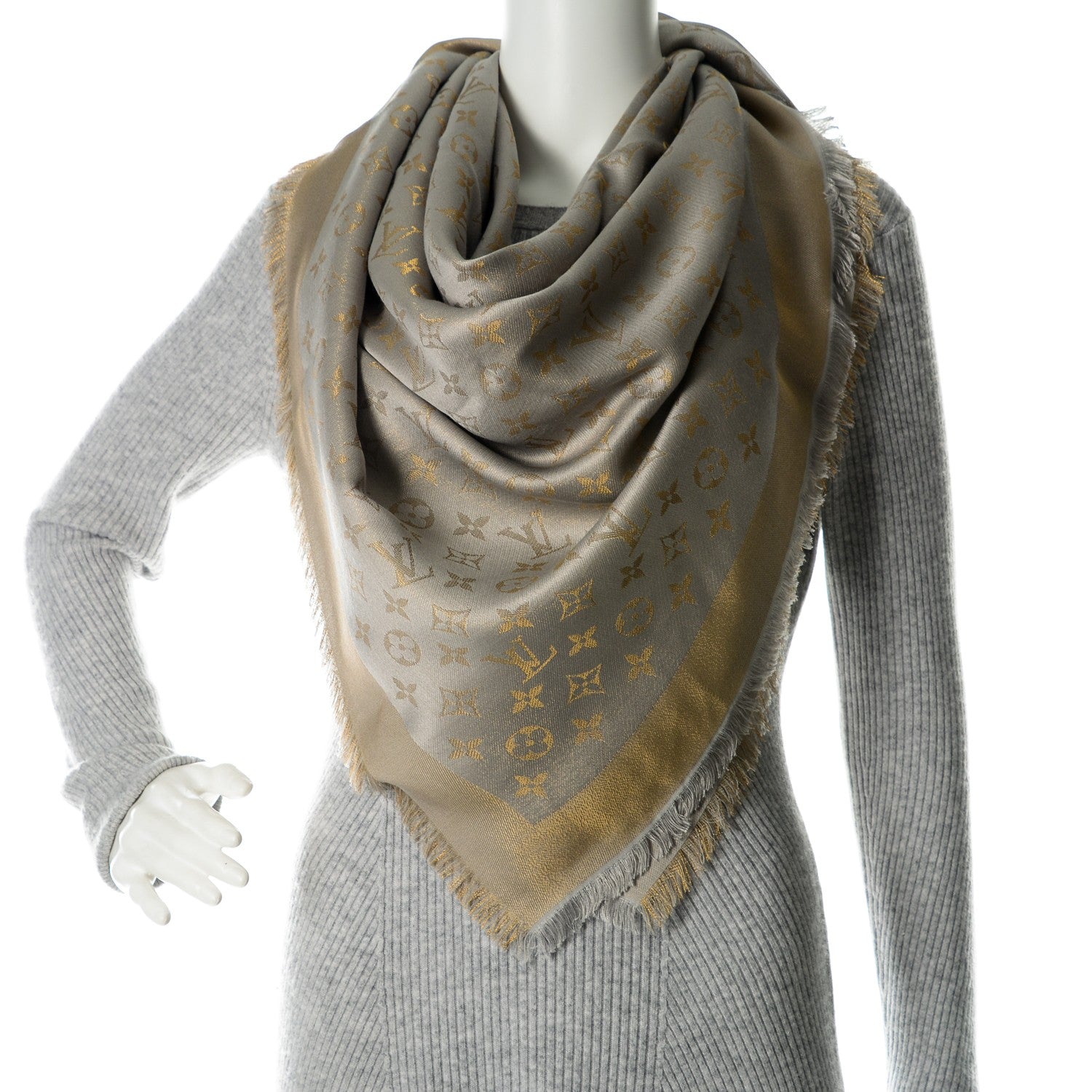 Louis Vuitton Silk Wool Monogram Shine Shawl Beige 2 of 5