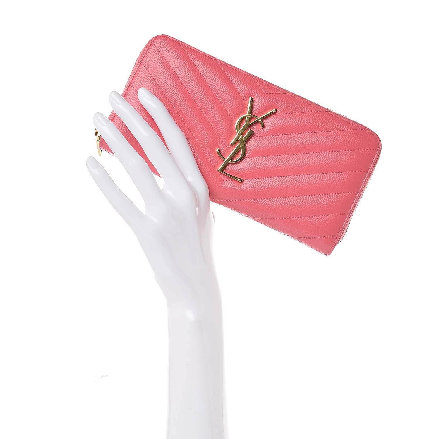 Saint Laurent Grain De Poudre Matelasse Chevron Monogram Zip Around Wallet Rose Clair 2 of 6