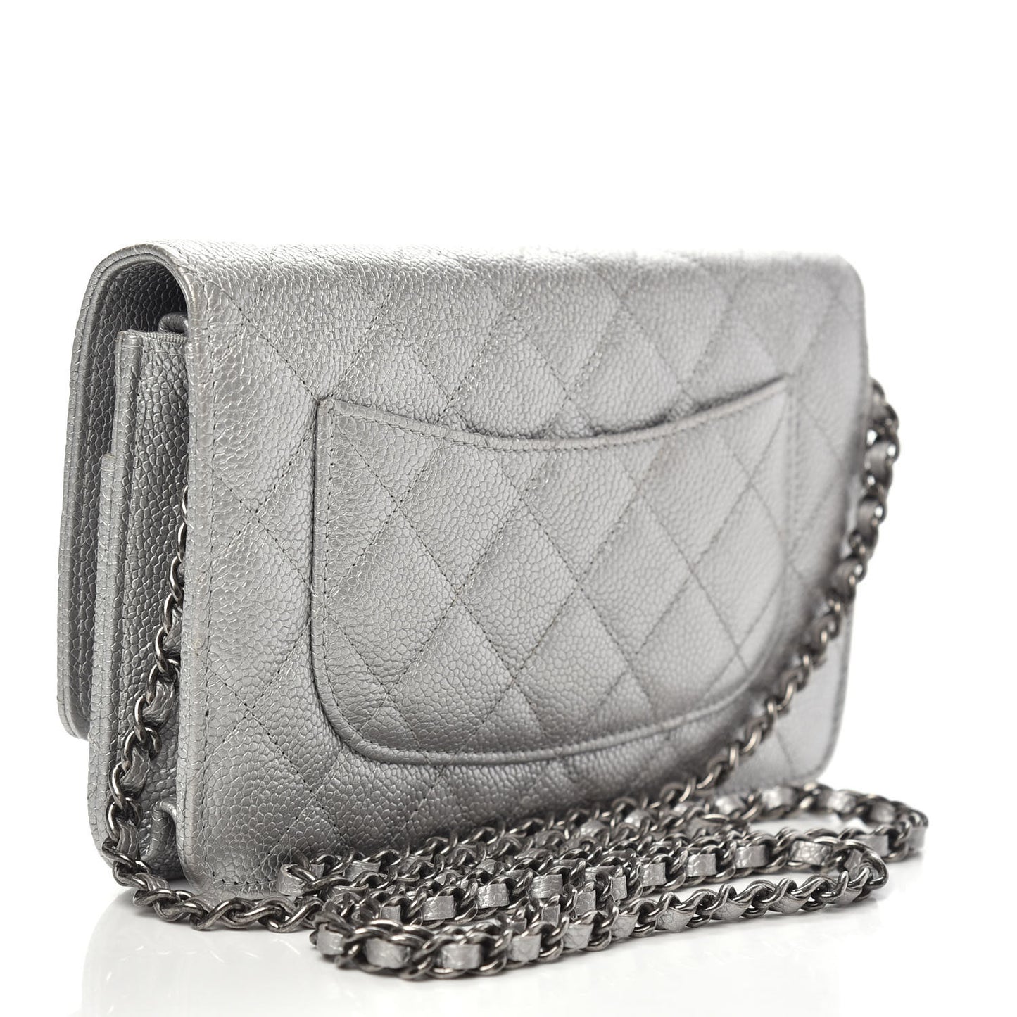 Metallic Caviar Quilted Wallet on Chain WOC Silver