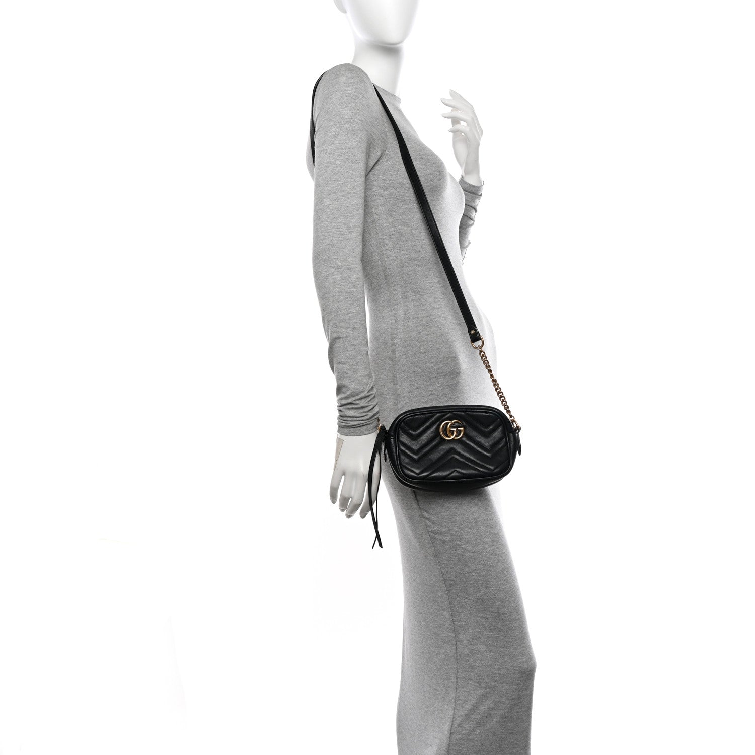 Gucci Calfskin Matelasse Mini GG Marmont Chain Shoulder Bag Black 2 of 13