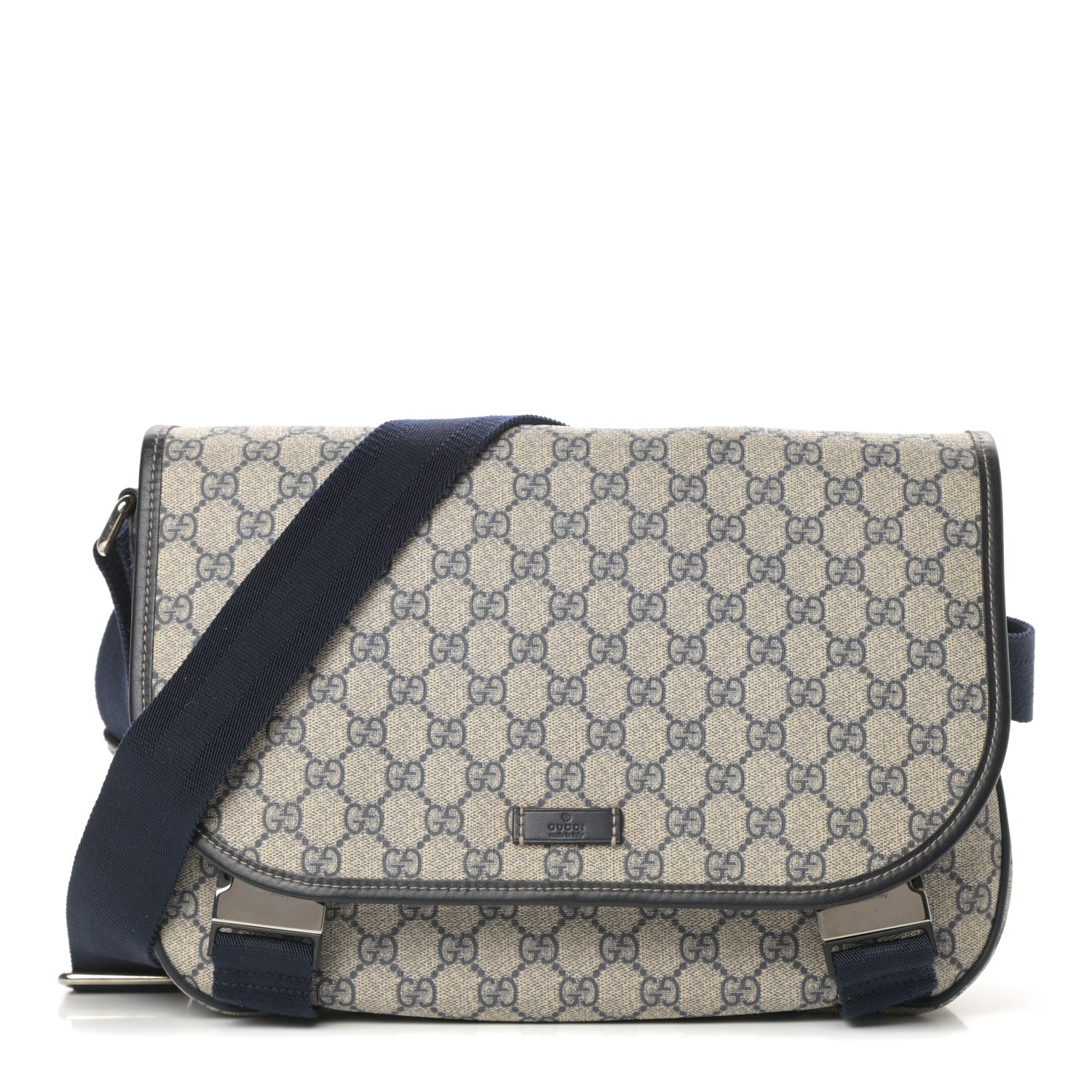 Gucci GG Plus Monogram Medium Double Buckle Flap Messenger Bag Beige Navy 1 of 12