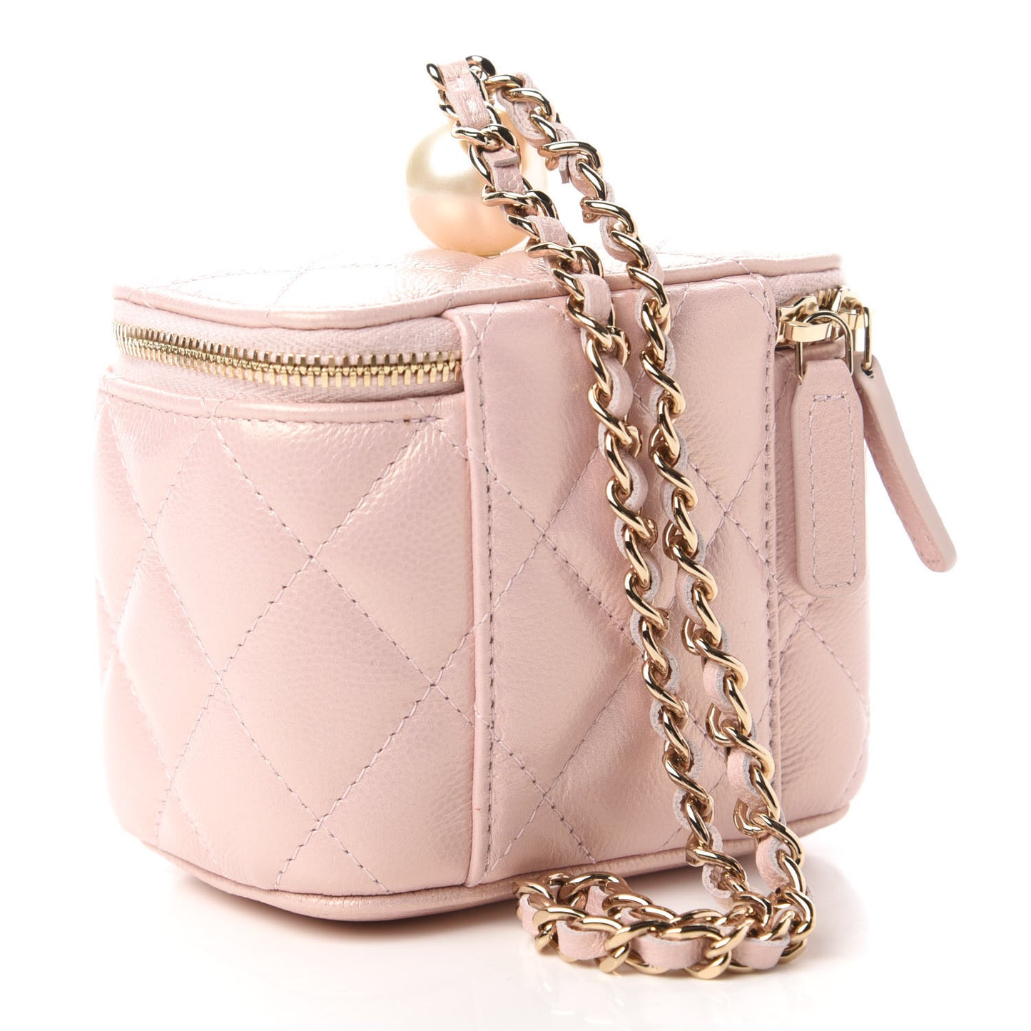 Iridescent Caviar Quilted Mini Pearl On Top Vanity Case With Chain Light Pink
