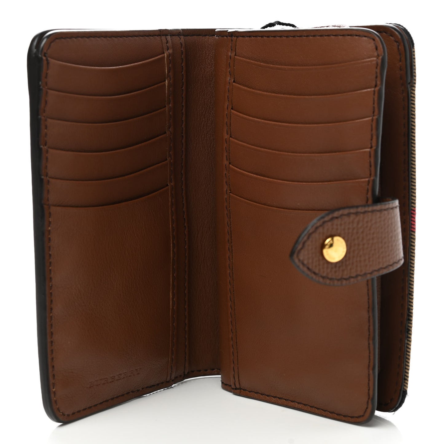 Calfskin House Check Compact Wallet Tan