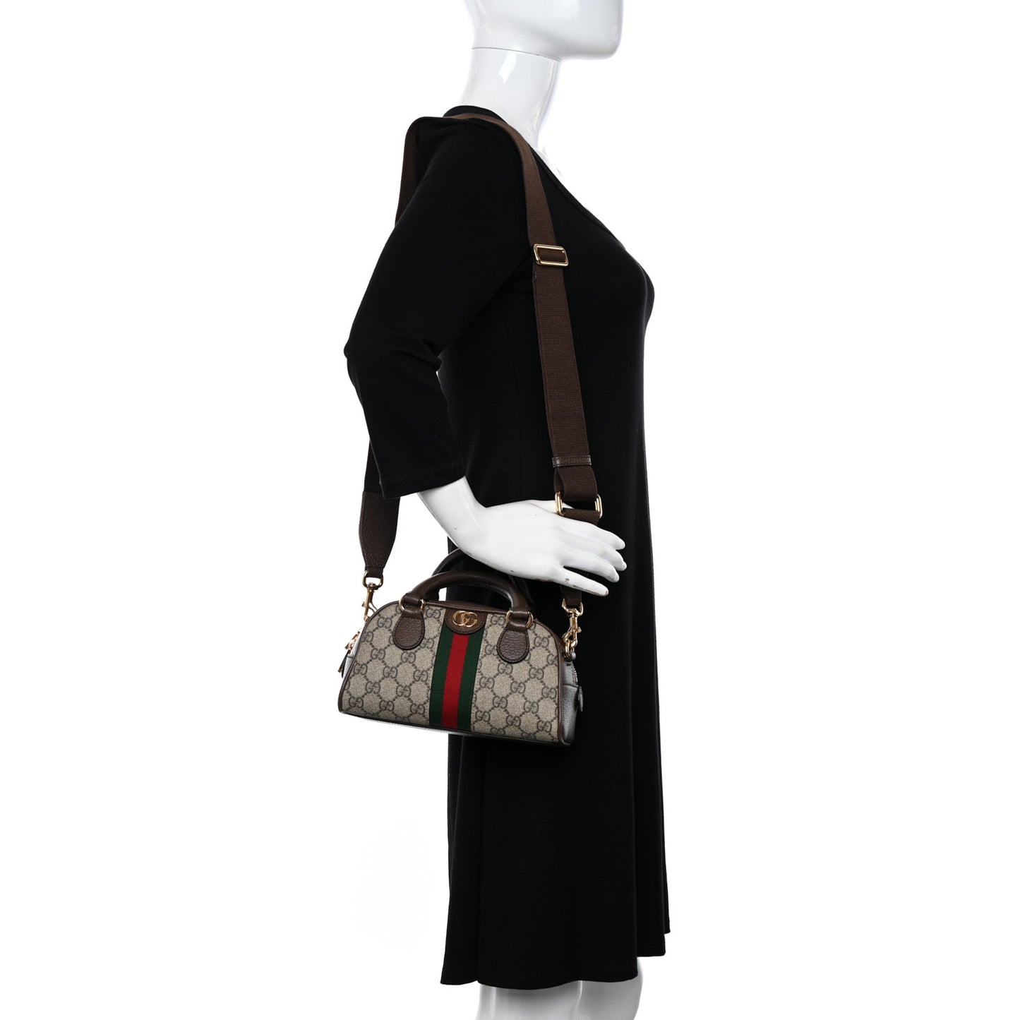 GG Supreme Monogram Textured Dollar Calfskin Web Mini Ophidia Top Handle Bowler Bag Beige Ebony New Acero