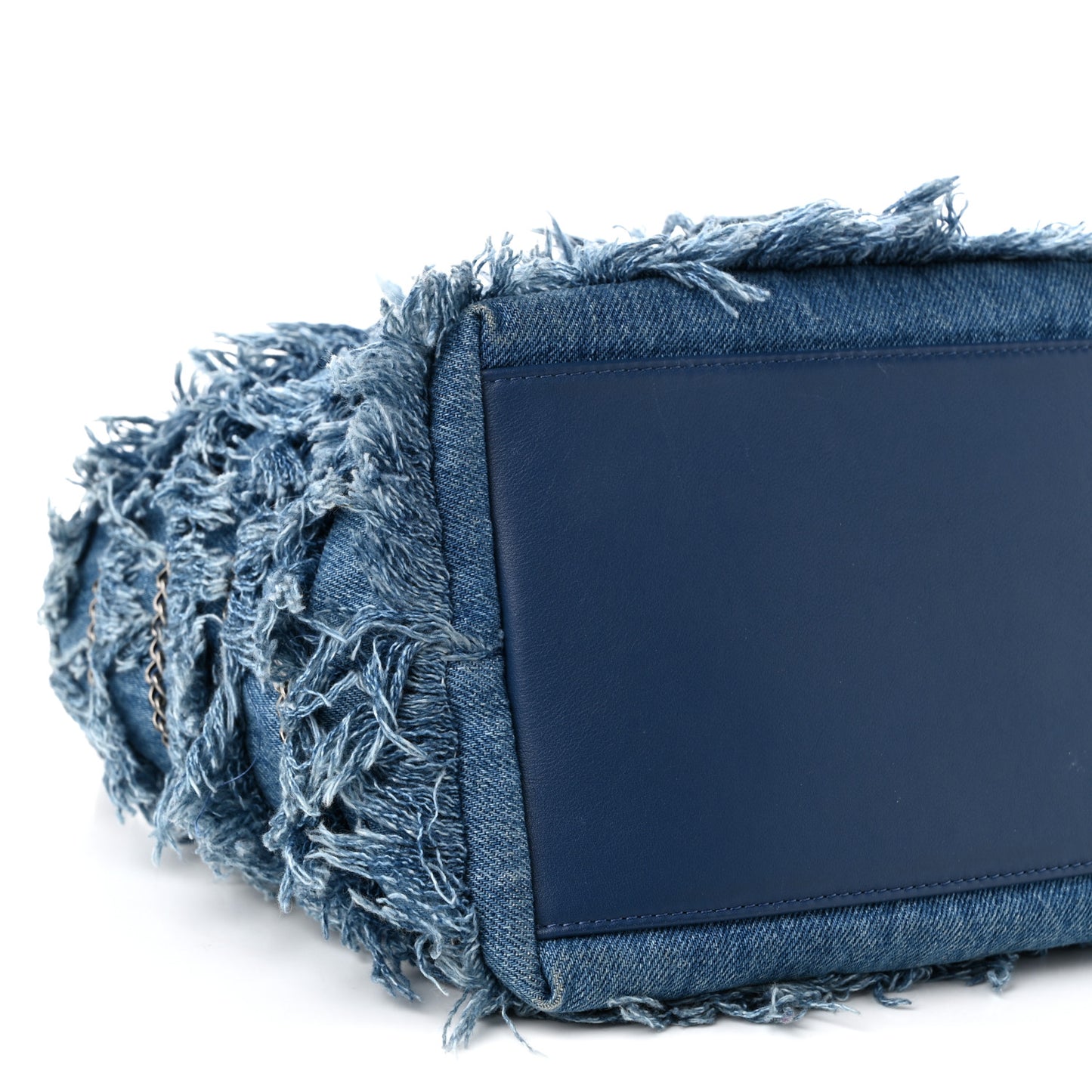 Calfskin Denim Fringe Chains CC Drawstring Bucket Bag Blue