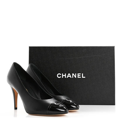 Chanel Lambskin Patent Calfskin Cap Toe CC Pumps 37 Black 10 of 10