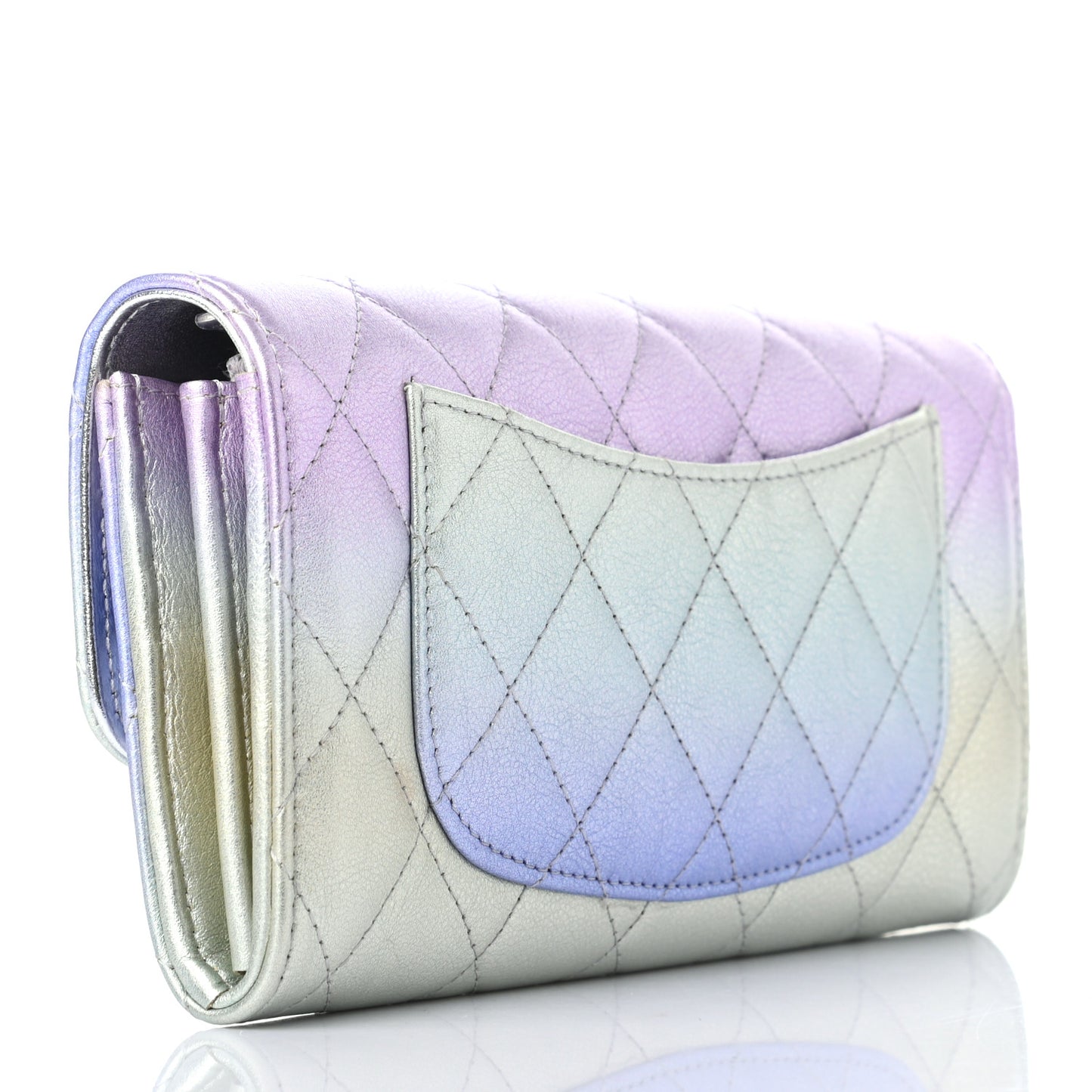 Gradient Metallic Calfskin Quilted Large Gusset Flap Wallet Silver Blue Yellow Purple