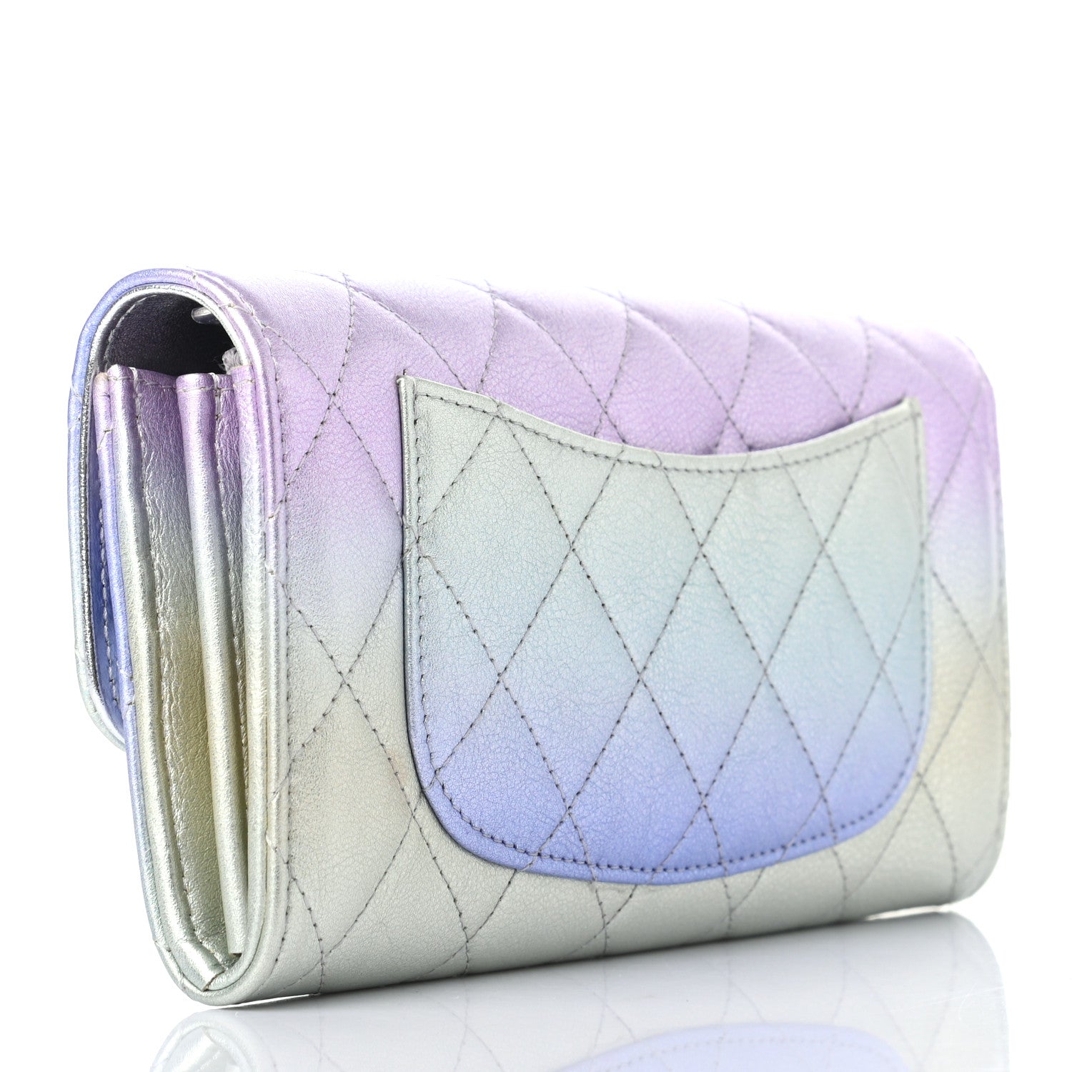 Chanel Gradient Metallic Calfskin Quilted Large Gusset Flap Wallet Silver Blue Yellow Purple 3 of 8
