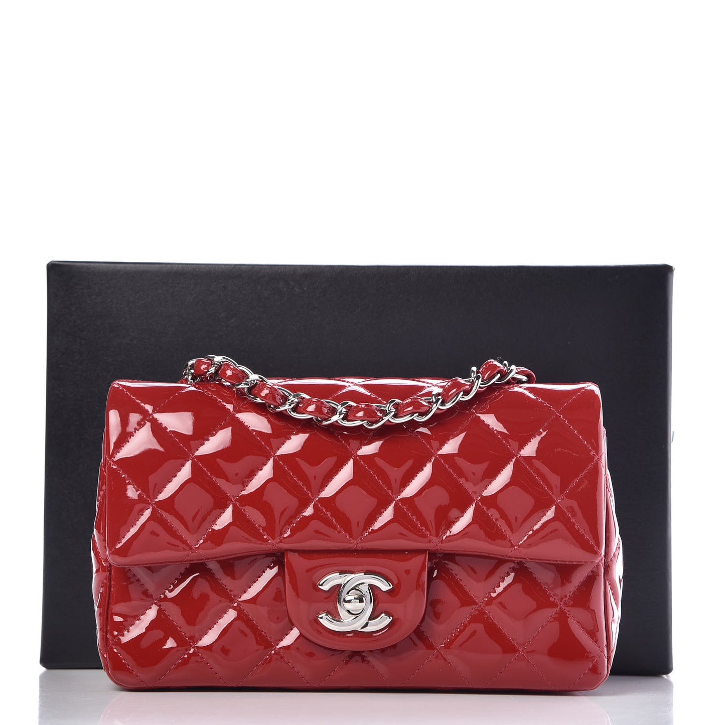 Patent Calfskin Quilted Mini Rectangular Flap Red