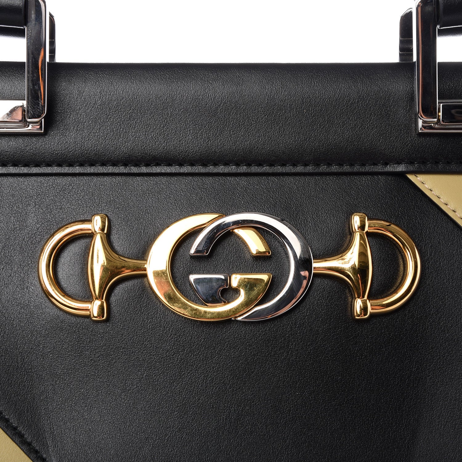 Gucci Smooth Calfskin Diagonal Striped Medium Zumi Top Handle Bag Black Beige 10 of 10
