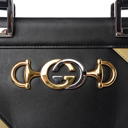 Gucci Smooth Calfskin Diagonal Striped Medium Zumi Top Handle Bag Black Beige 10 of 10