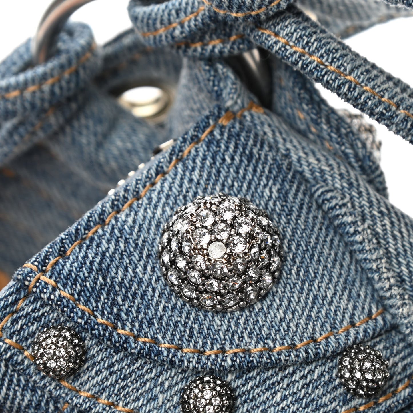 Washed Frayed Denim Crystal Small Le Cagole Shoulder Bag Blue