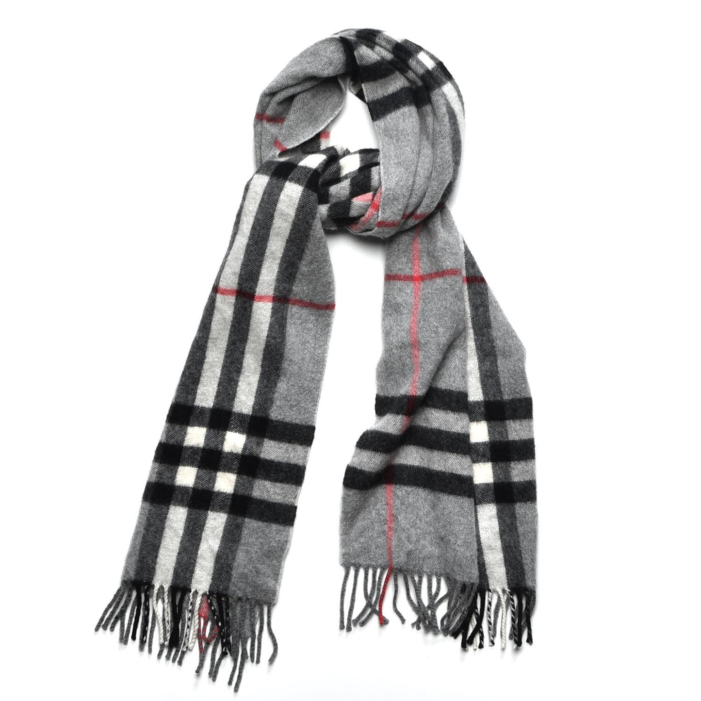 Cashmere Giant Check Fringe Scarf Grey