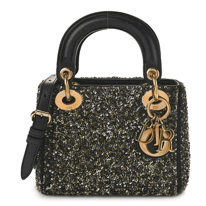 Christian Dior Satin Lambskin Sequin Embroidered Mini Lady Dior Black Multicolor 1 of 8