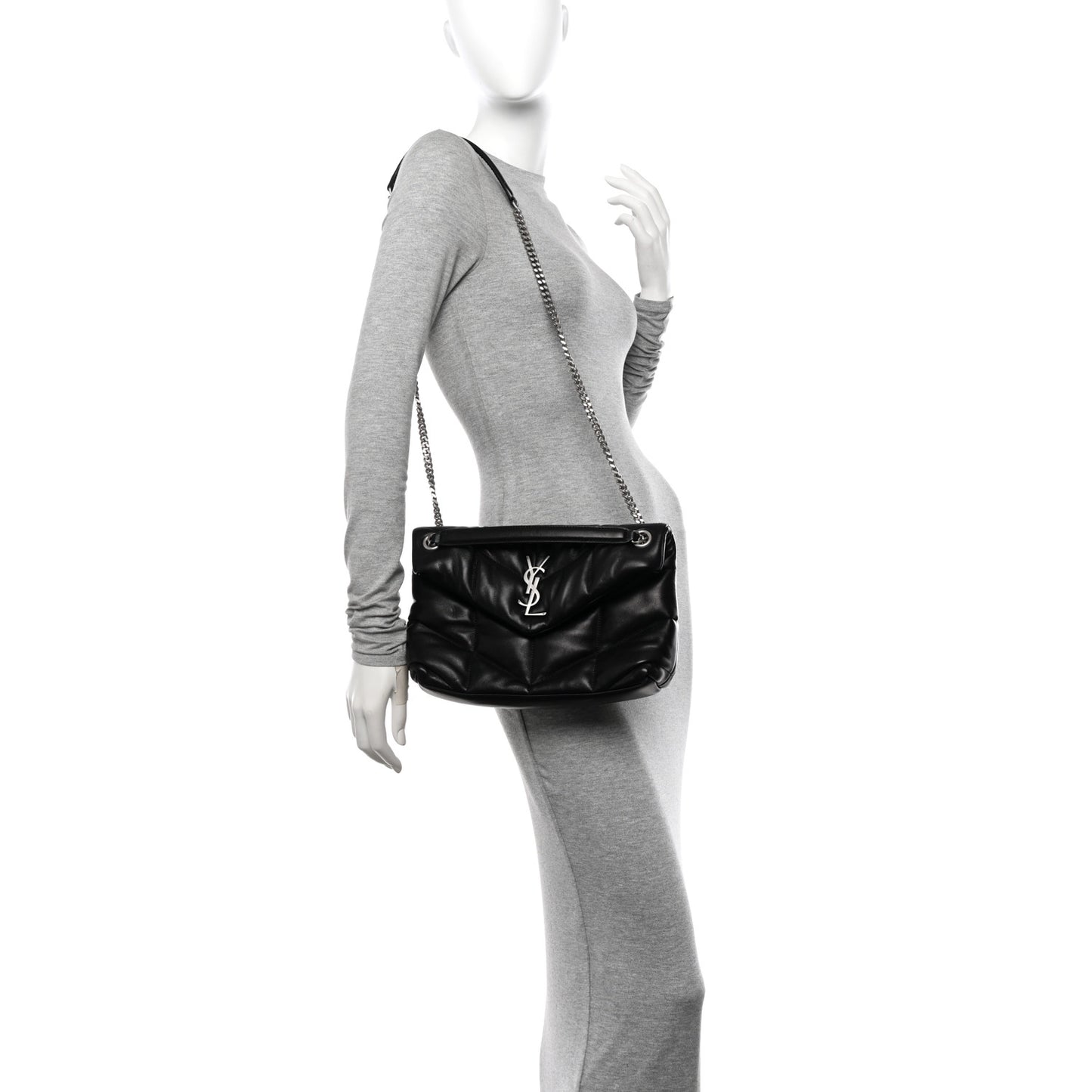 Lambskin Quilted Small Loulou Puffer Monogram Chain Satchel Black