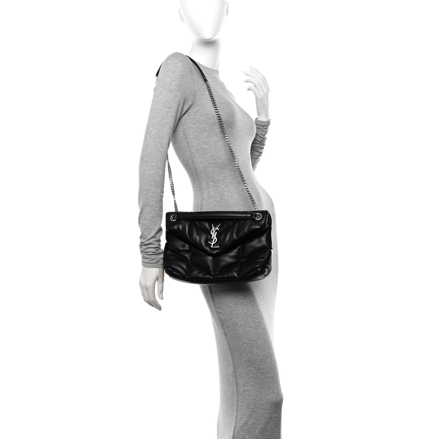 Saint Laurent Lambskin Quilted Small Loulou Puffer Monogram Chain Satchel Black 2 of 11