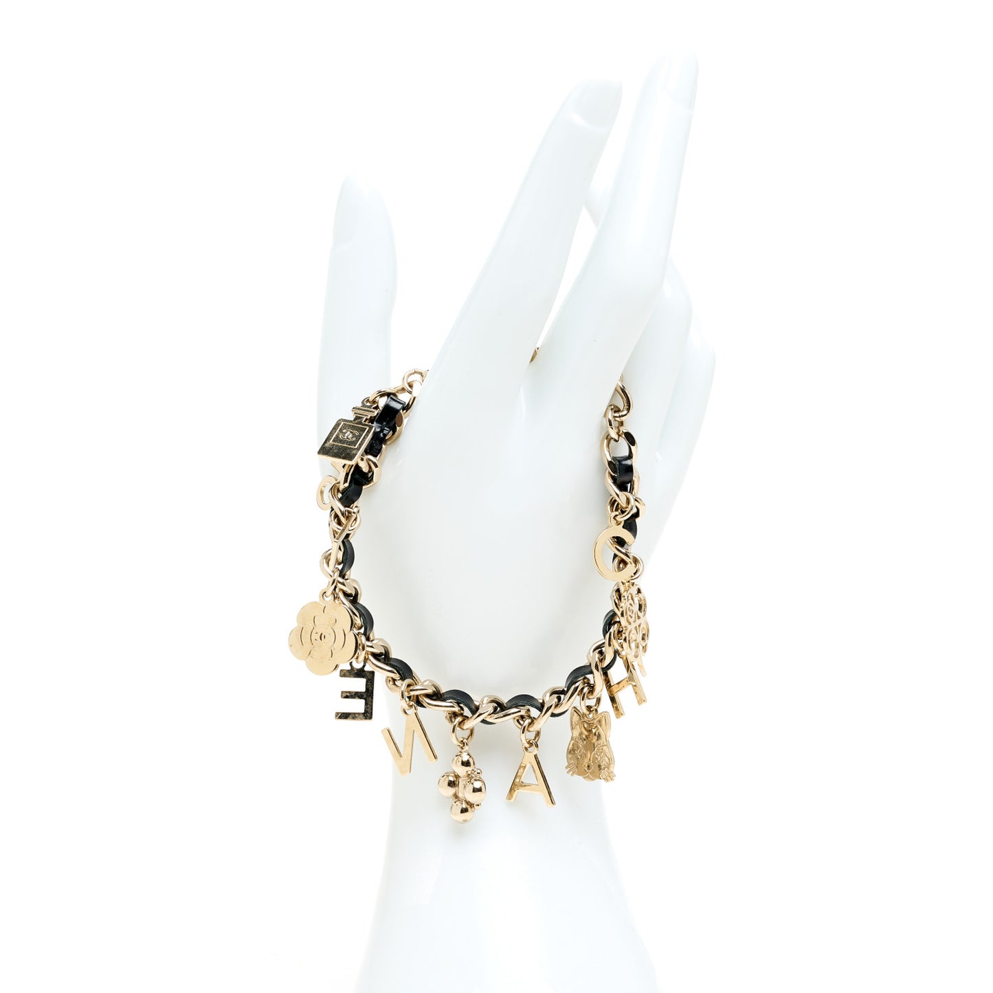 Lambskin Crystal CC Logo Charming Bracelet  Gold Black