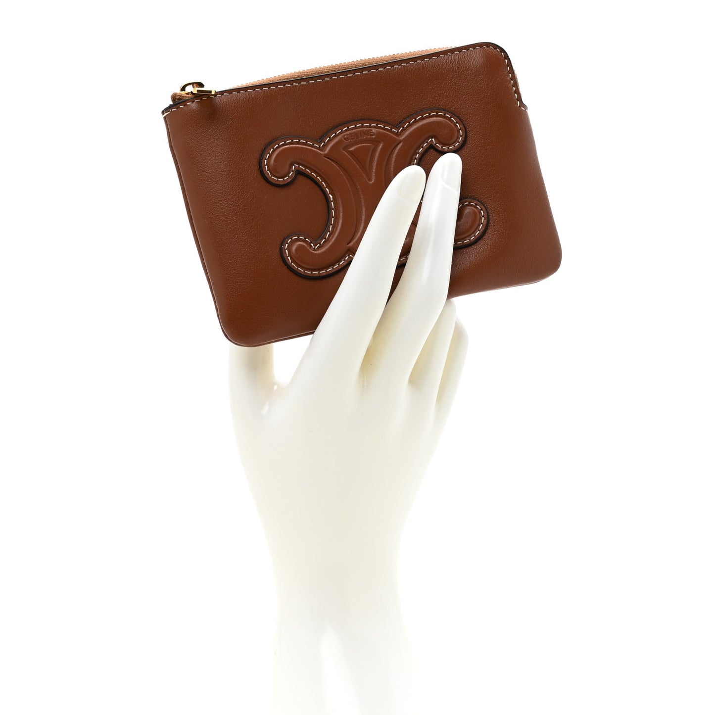 Smooth Calfskin Cuir Triomphe Coin and Card Pouch With Hook Tan