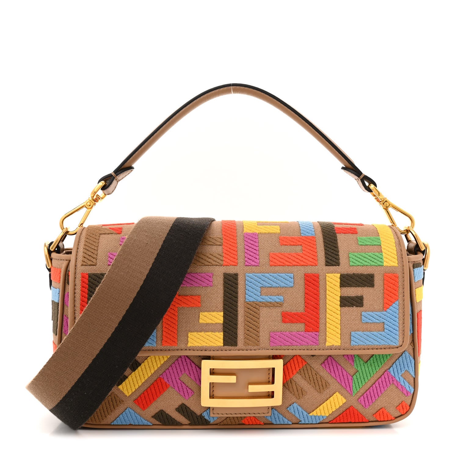Fendi Canvas Vitello King FF Multicolor Embroidered Baguette Multicolor Cuoio 1 of 10