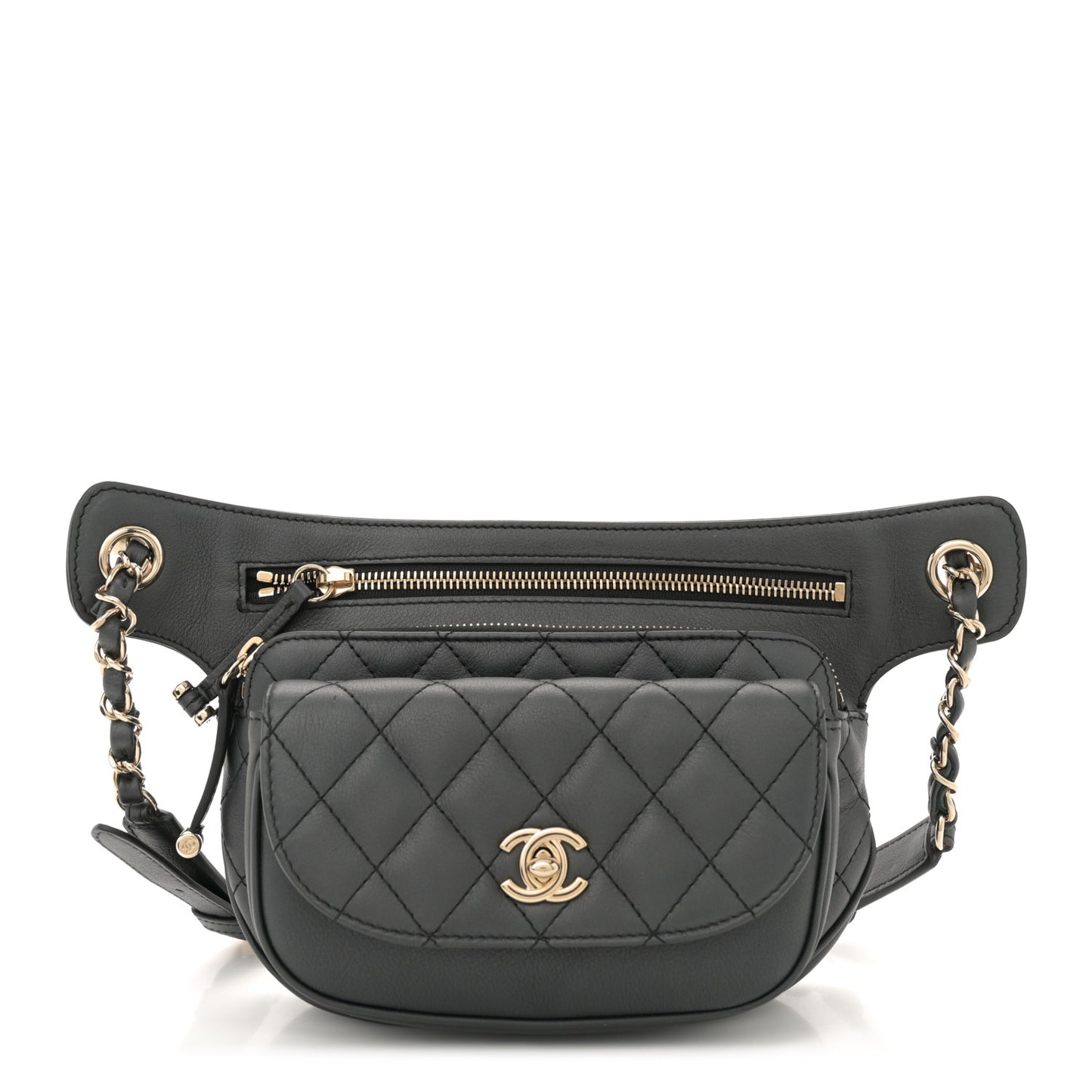 Metallic Calfskin Flap Chain Waist Bag Ruthenium