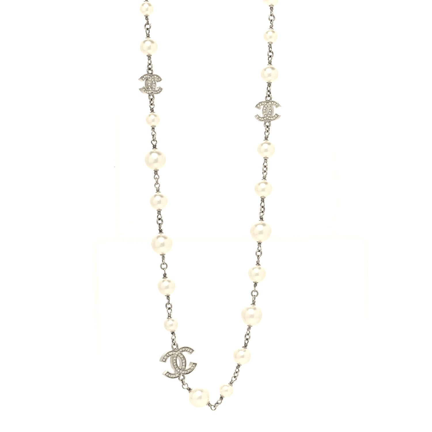 Chanel Graduated Pearl Crystal CC Long Necklace Silver 1 of 5