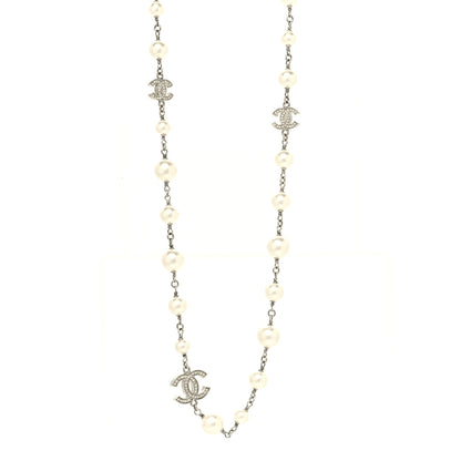 Chanel Graduated Pearl Crystal CC Long Necklace Silver 1 of 5