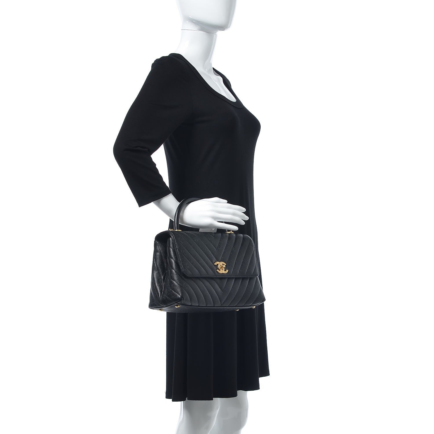 Chanel Caviar Chevron Quilted Small Coco Handle Flap Black 2 of 9