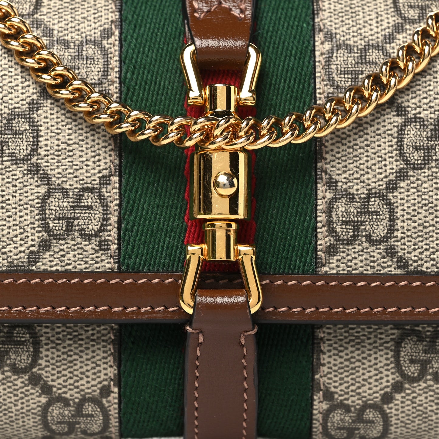 GG Supreme Monogram Azalea Calfskin Web Jackie 1961 Chain Wallet Beige Ebony Brown Sugar