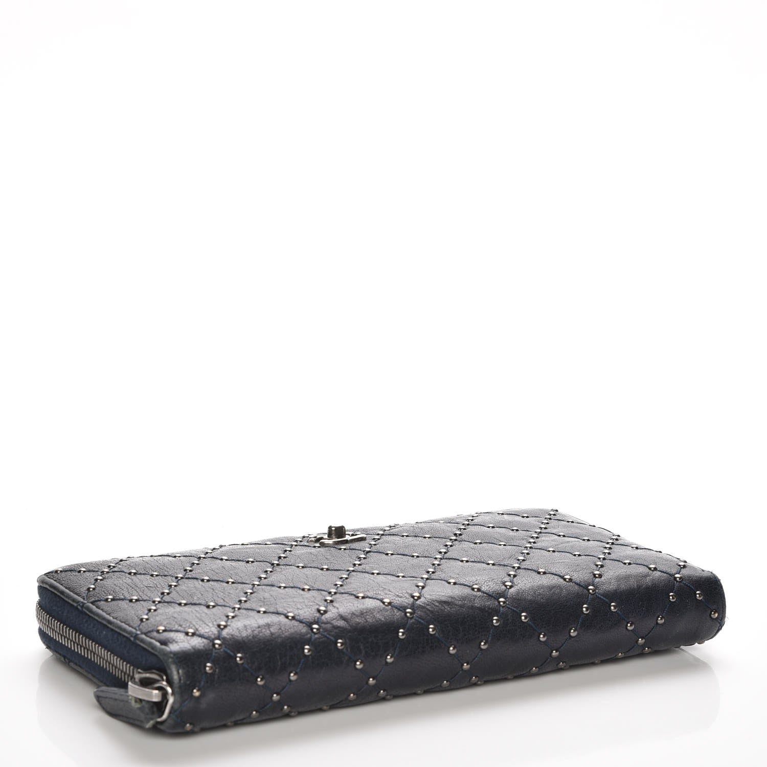 Chanel Crumpled Lambskin Studded Paris Dallas Zip Around Wallet Navy 4 of 8
