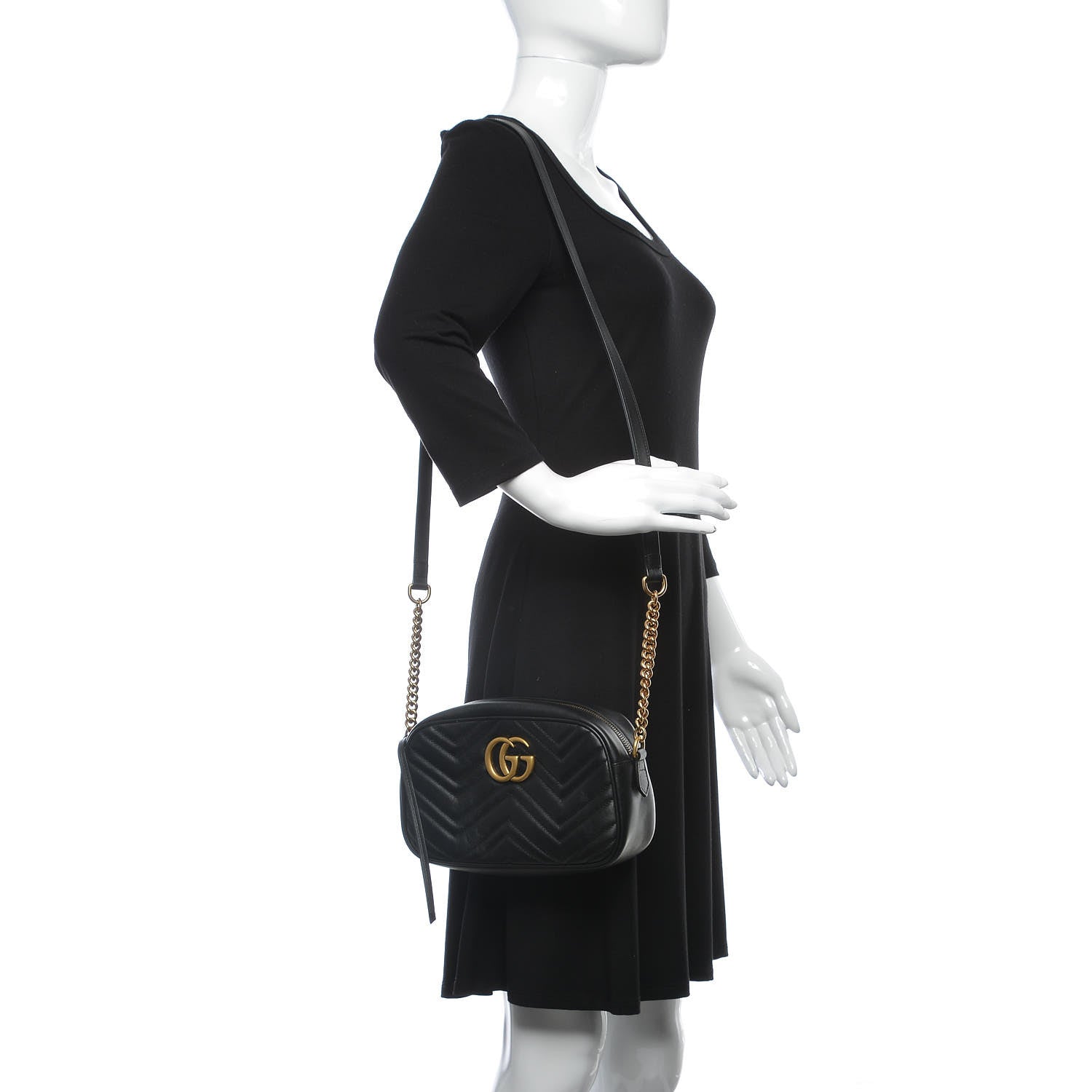 Gucci Calfskin Matelasse Small GG Marmont Chain Shoulder Bag Black 2 of 7