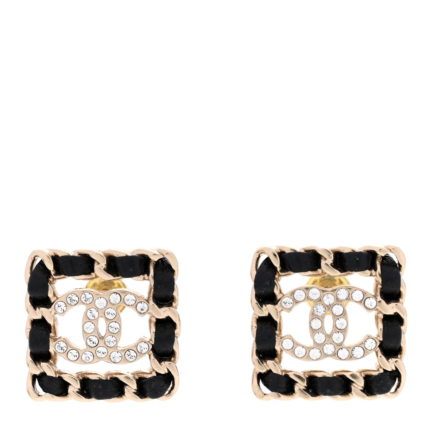 Crystal Lambskin Chain Sergeant Chanel Stud Earrings Black Gold