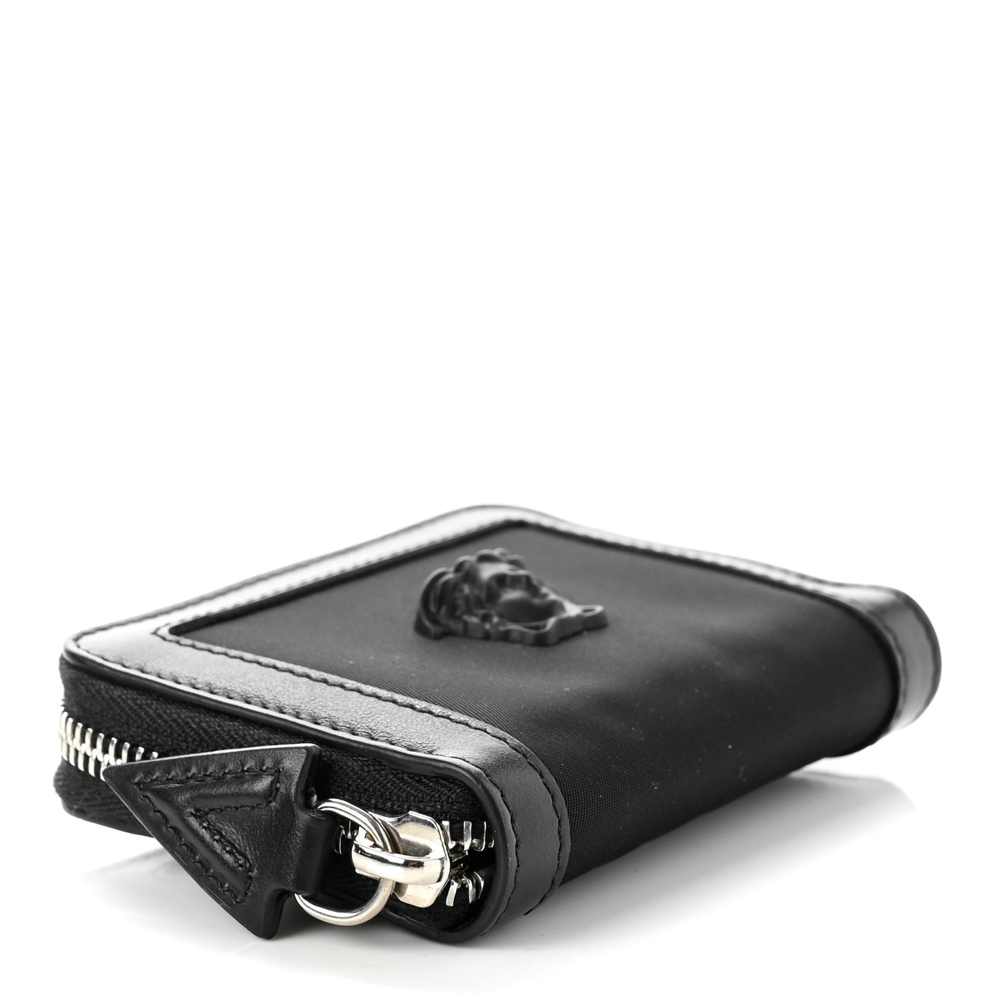 Calfskin Nylon La Medusa Zip Around Lanyard Wallet Black