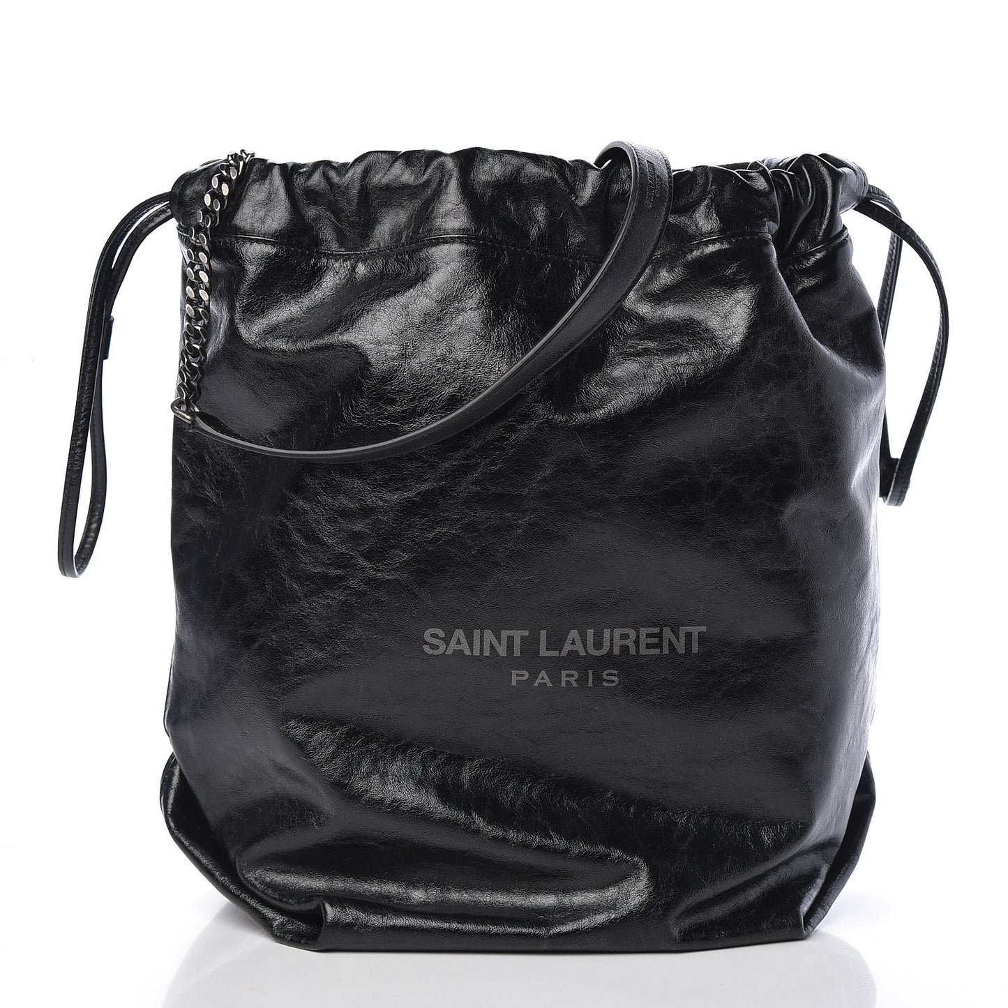 Cracked Shiny Calfskin Teddy Drawstring Bag Black
