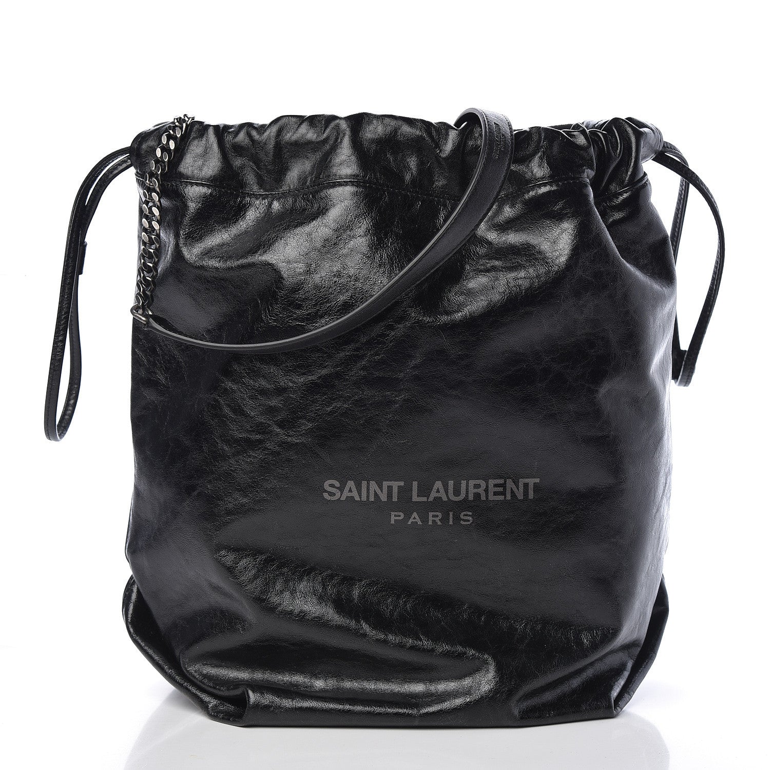 Saint Laurent Cracked Shiny Calfskin Teddy Drawstring Bag Black 3 of 9