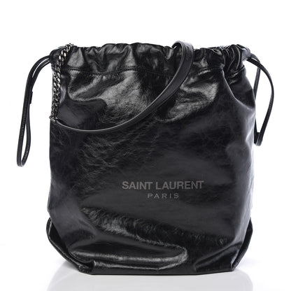 Saint Laurent Cracked Shiny Calfskin Teddy Drawstring Bag Black 3 of 9