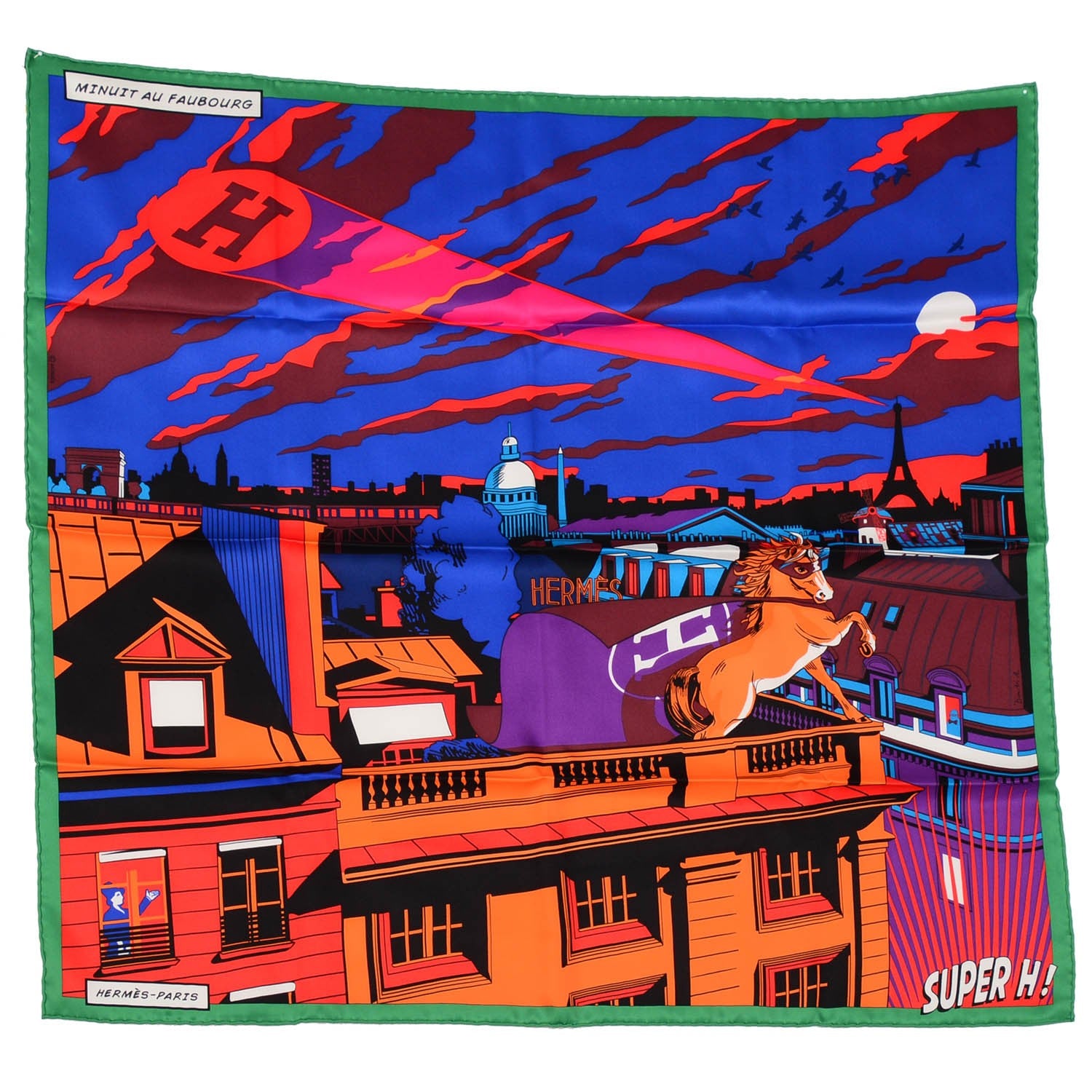 Hermes Silk Minuit Au Faubourg Scarf 70 Emeraude Bleu Dur Orange 2 of 5