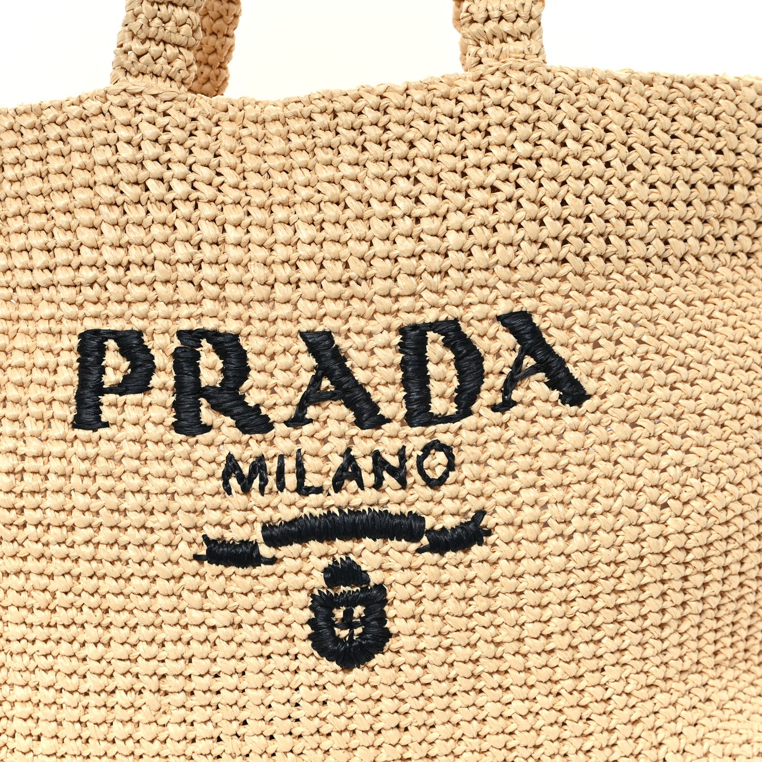 Prada Yarn Raffia Effect Crochet Embroidered Logo Tote Naturale 7 of 10
