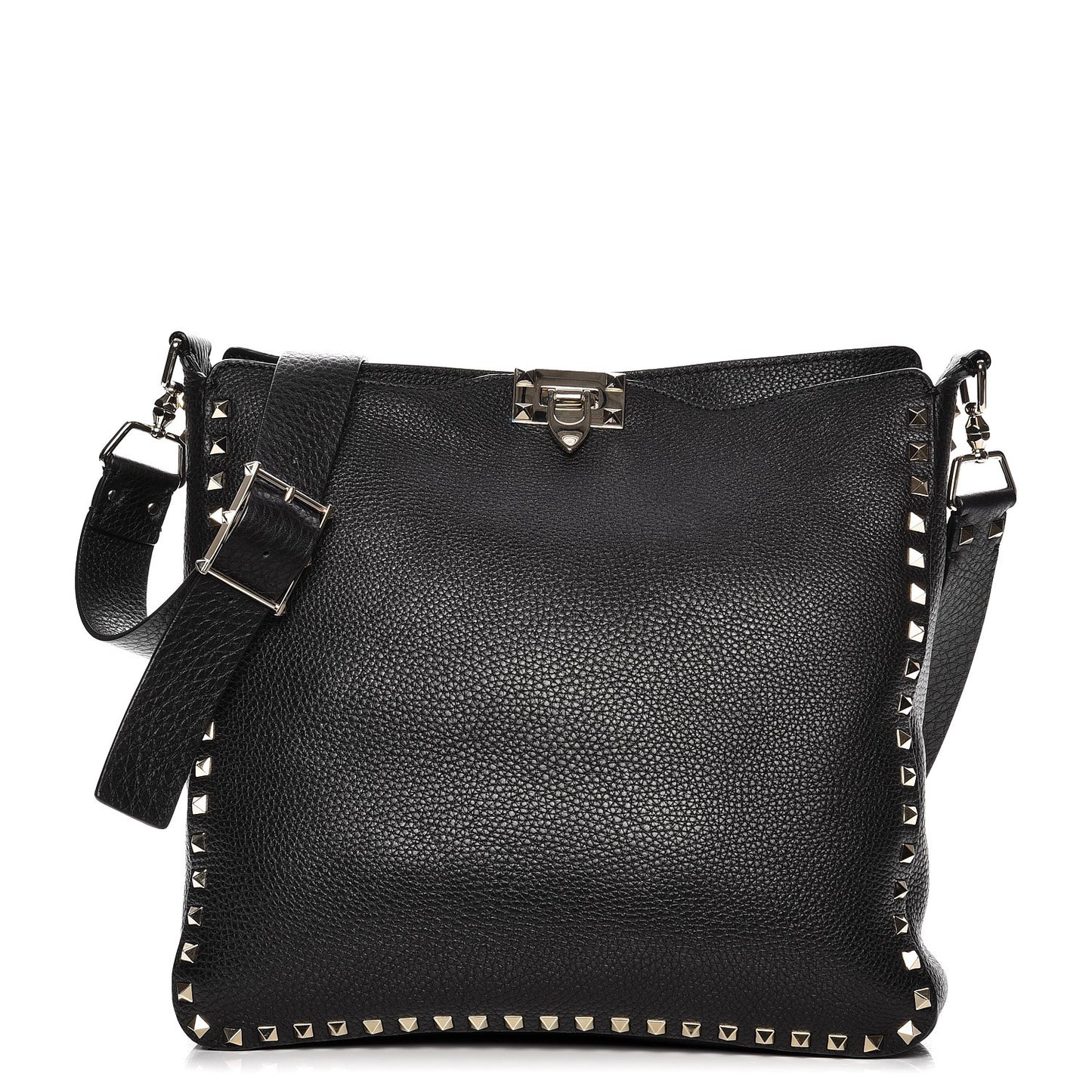 Pebbled Calfskin Large Rockstud Flip-Lock Messenger Bag Black