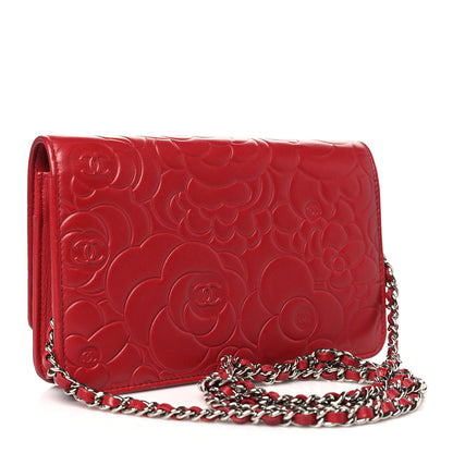 Chanel Lambskin Camellia Embossed Wallet on Chain WOC Red 3 of 11