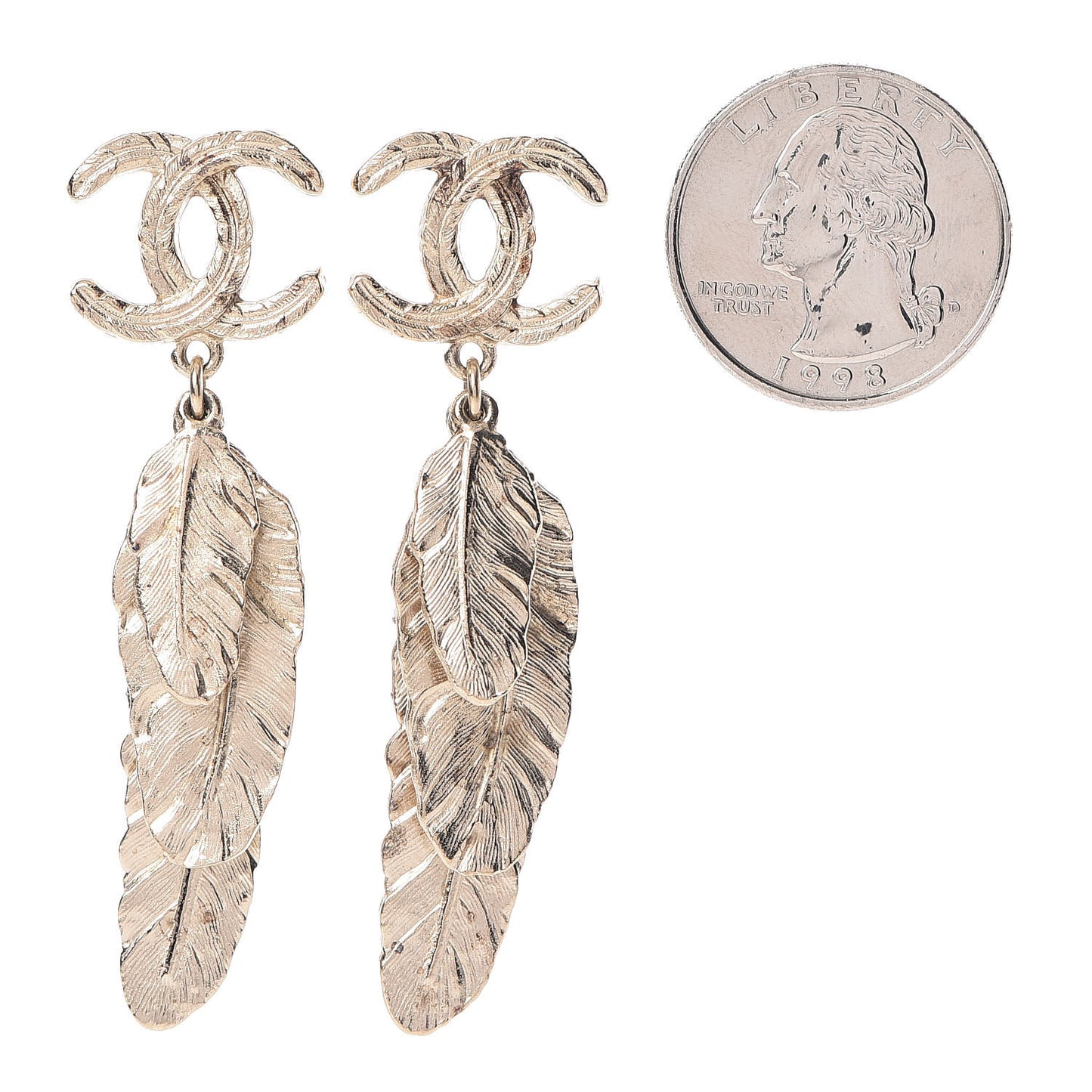Feather CC Drop Earrings Gold