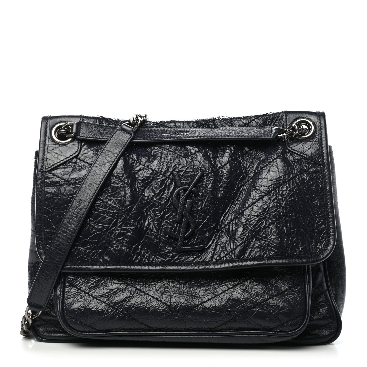 Crinkled Calfskin Matelasse Monogram Medium Niki Chain Satchel Deep Marine