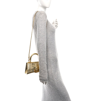 Balenciaga Metallic Calfskin Crocodile Embossed Hourglass Top Handle Bag XS Gold Gold 2 of 11