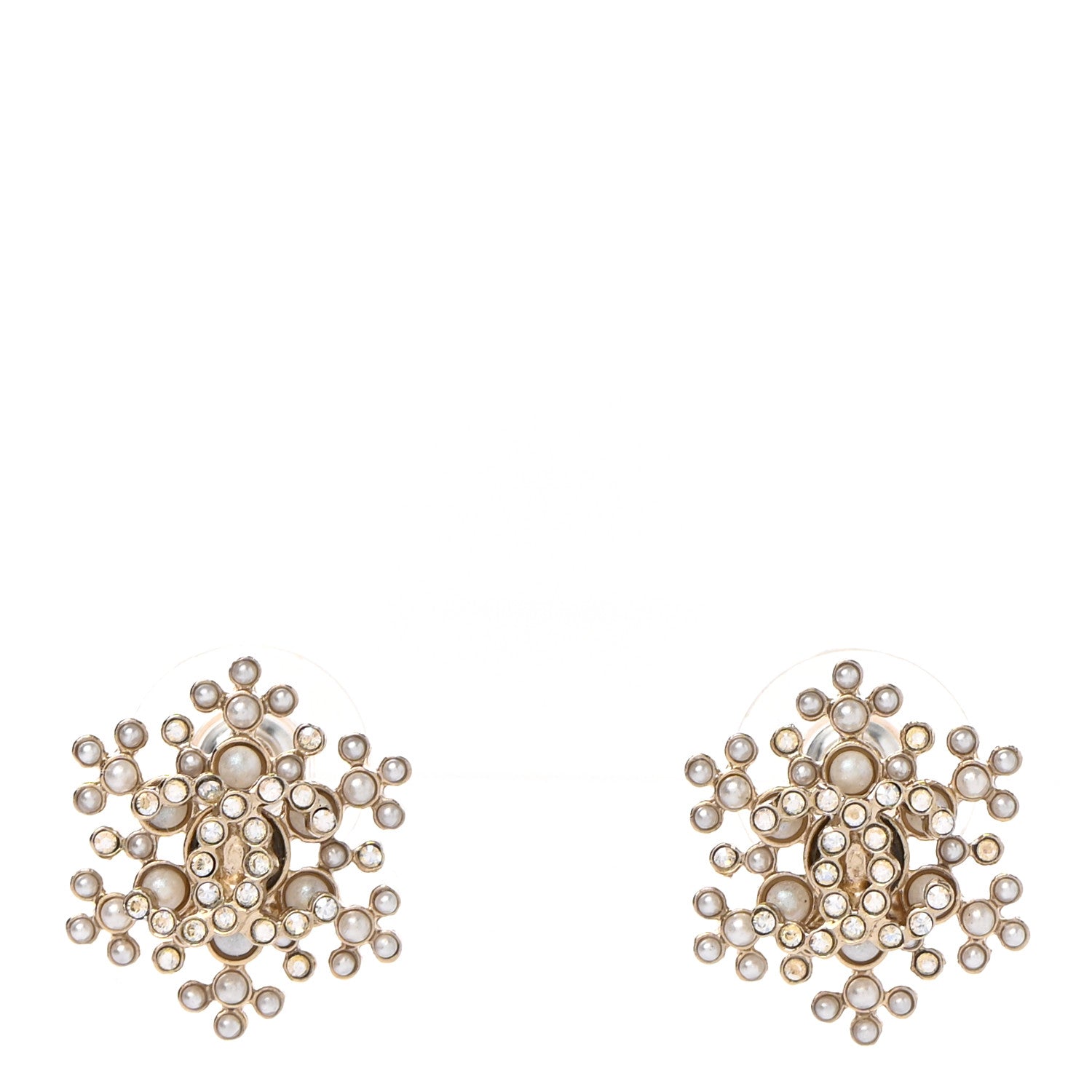 Chanel Crystal Pearl CC Snowflake Earrings Gold 1 of 4