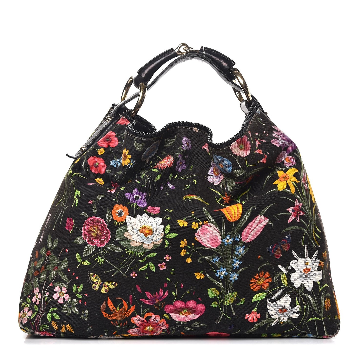 Canvas Flora Floral Large Horsebit Chain Hobo Black